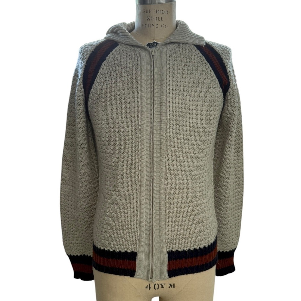Vintage Montgomery Ward Knit Zip Up Sweater Jacket  Mens M Tan Stripes